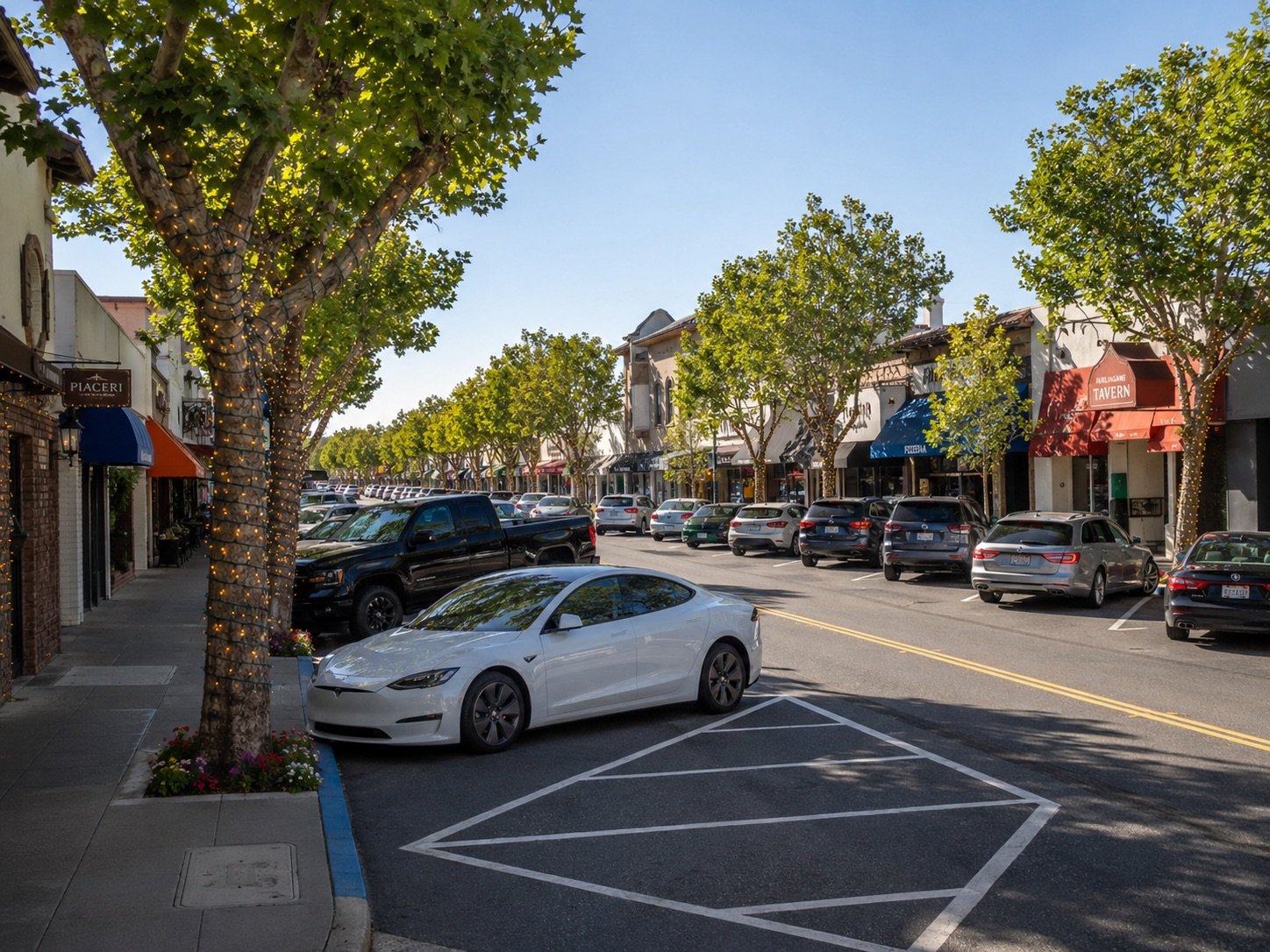 Downtown Burlingame Avenue with shops and tree-lined sidewalks