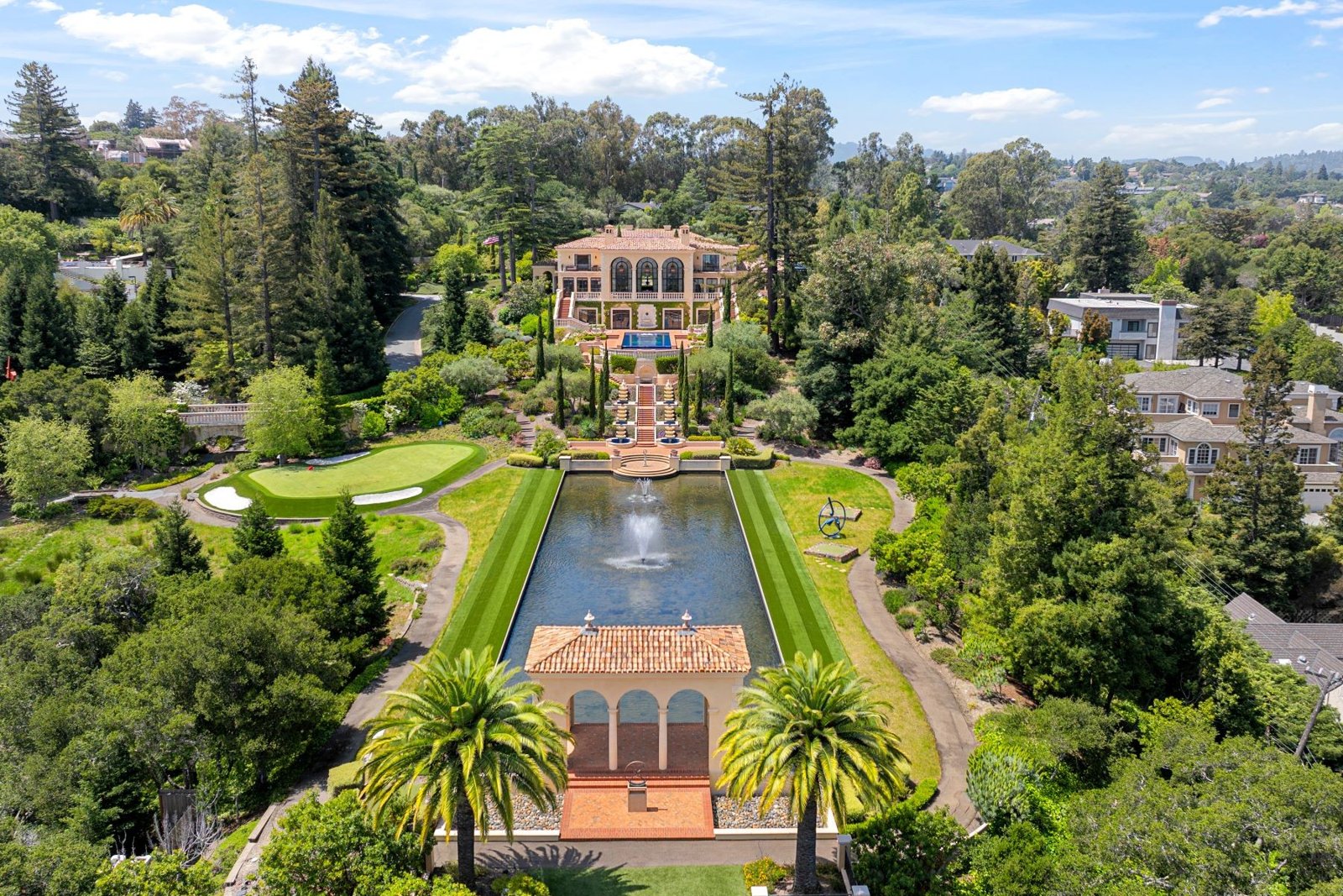 Covered loggia and terrace of a Hillsborough, California luxury estate